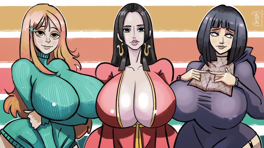 3girls big_ass big_breasts big_butt black_hair bleach bleach:_the_thousand-year_blood_war boa_hancock boruto:_naruto_next_generations choker cleavage company_connection crossover earrings female female_only fishnets goth goth_girl gothic gothified hyuuga_hinata inoue_orihime lipstick married_woman married_women milf mister_feelgood mother multiple_girls naruto naruto_(series) nipple_bulge nipple_piercing one_piece orange_hair pierrot_(company) shounen_jump shueisha sweater trait_connection voice_actor_connection weekly_shonen_jump white_eyes wife wives