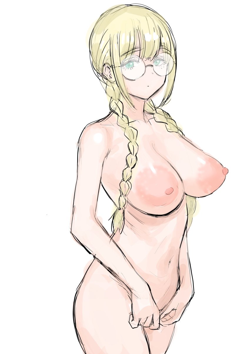 absurdres blonde_hair braid breasts collarbone completely_nude dot_mouth female glasses green_eyes highres jimiko kuppipi_ramutarou large_areolae large_breasts navel nude original own_hands_together ribs round_eyewear twin_braids