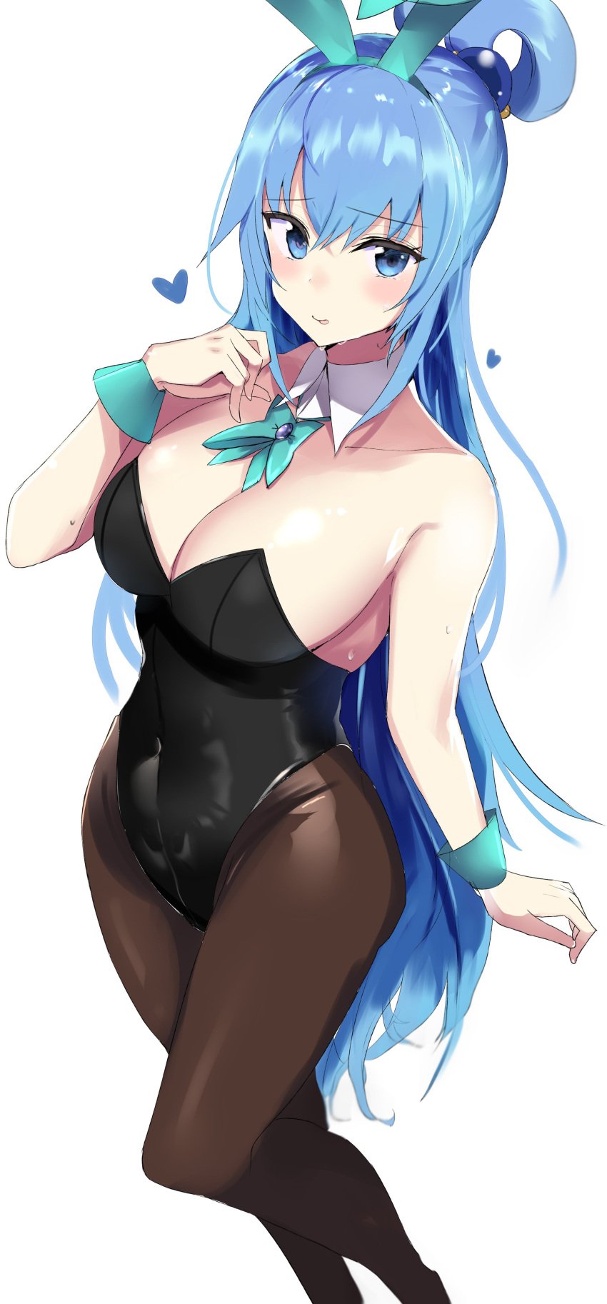 aqua_(konosuba) armpits ass_visible_through_thighs bare_arms bare_shoulders belly_button_visible_through_clothing big_breasts black_leotard black_pantyhose blue_eyes blue_hair blush breasts bunny_ears bunnysuit cleavage detached_collar embarrassed goddess hanasaka_houcha highleg highleg_leotard kono_subarashii_sekai_ni_shukufuku_wo! leotard long_hair pantyhose ponytail shiny_skin strapless strapless_leotard sweatdrop thighs tongue wrist_cuffs