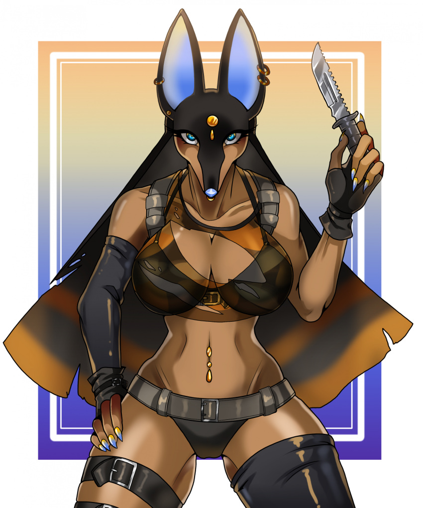 anthro anubis anubis_(pal) ass big_ass big_breasts big_thighs black_hair blue_eyes breasts brown_body brown_fur chiralchimera clothing dark-skinned_female female female_only fur furry huge_ass huge_breasts huge_thighs knife long_hair looking_at_viewer military nose_piercing pal_(species) palworld shirt solo tagme thick_hips thick_thighs thighhighs thighs