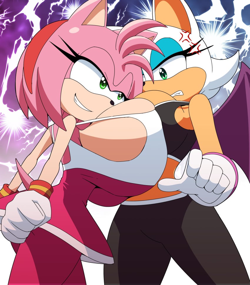 2d 2d_artwork amy_rose ass bat_wings black_pants black_sports_bra blue_eyeshadow breast_envy breast_expansion breast_size_difference breast_squeeze breasts_bigger_than_head comparing confrontation eyelashes eyeshadow hedgehog hedgehog_humanoid humongous_breasts kojiro-brushard lightning lightning_bolt linegutter pink_fur pink_hair pink_pants rouge_the_bat rouge_the_rider sega skirt sonic_(series) sonic_riders sonic_the_hedgehog_(series) top_heavy