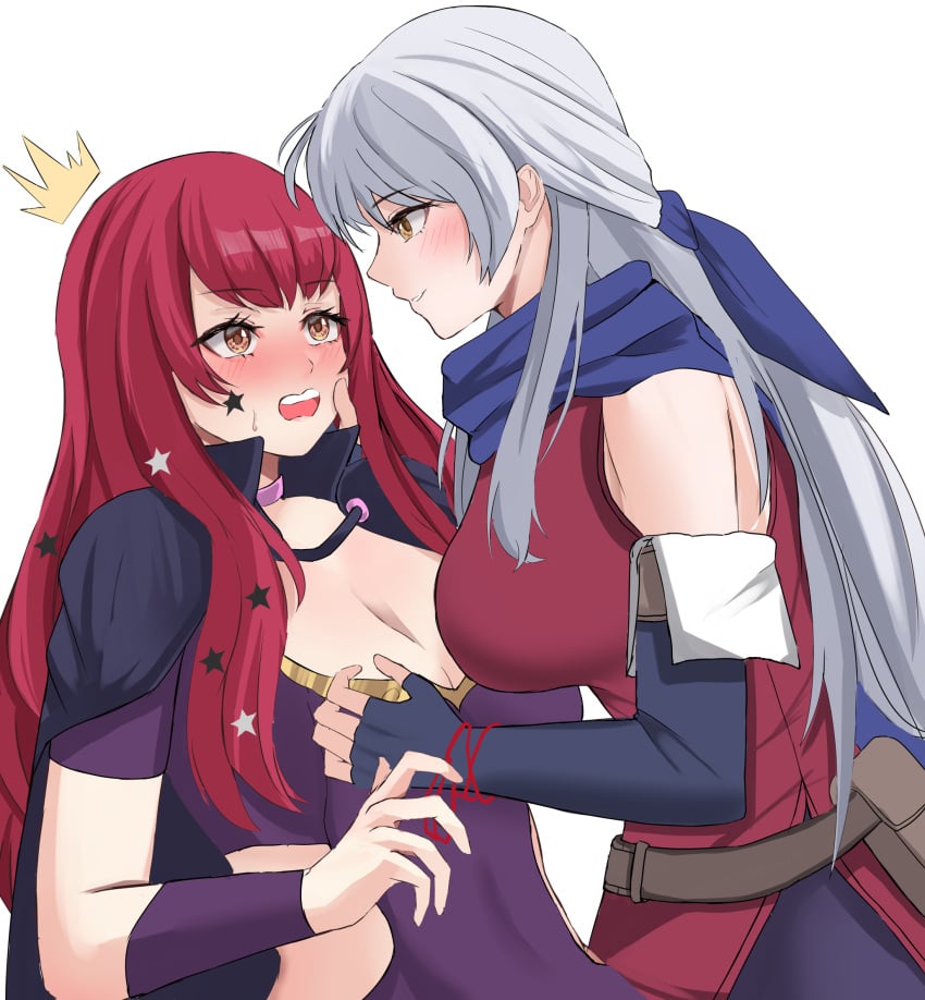 2girls bare_shoulders black_cape black_gloves blue_scarf blush bodysuit breasts brown_eyes cape caress caressing_face choker cleavage clothing_cutout dress elbow_gloves embarrassed facial_mark facial_tattoo female female_only fingerless_gloves fire_emblem fire_emblem:_radiant_dawn fire_emblem_engage full-face_blush gloves grey_hair grin hair_ornament hair_ribbon half_updo hand_on_another's_face highres jewelry large_breasts long_hair looking_at_another medium_breasts micaiah_(fire_emblem) multiple_girls nervous nintendo open_mouth orange_eyes pantyhose peli_cantaro red_eyes red_hair ribbon scarf silver_hair simple_background sleeveless sleeveless_dress smile star star_(symbol) star_facial_mark star_hair_ornament tattoo upper_body very_long_hair white_background yellow_eyes yunaka_(fire_emblem) yuri