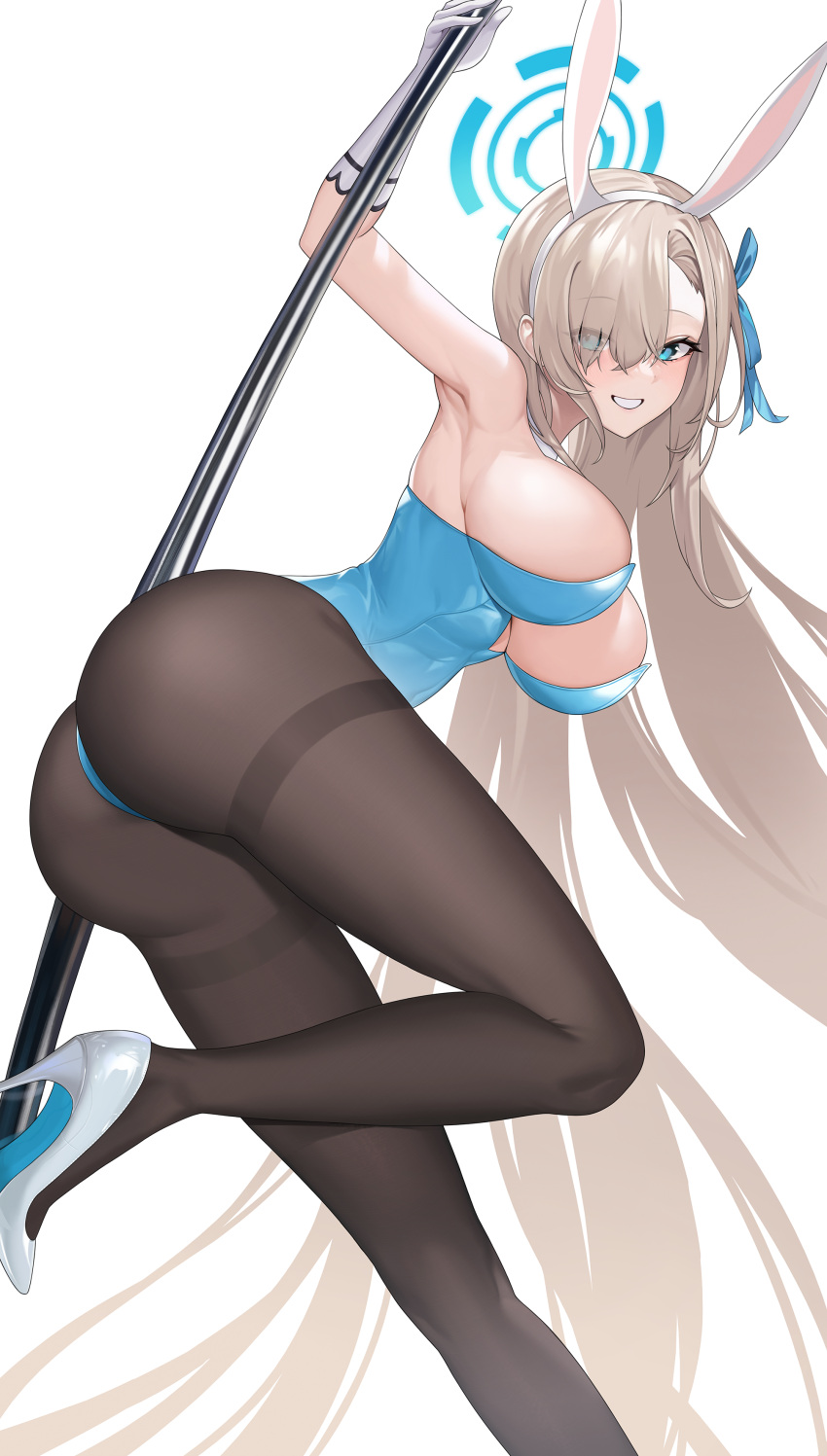 1girls 2023 2d 2d_(artwork) absurdly_long_hair absurdres animal_ears armpits ass asuna_(blue_archive) asuna_(bunny)_(blue_archive) asymmetrical_bangs bad_anatomy black_pantyhose blue_archive blue_eyes blue_leotard blush breasts bunny_ears cleavage elbow_gloves fake_animal_ears female from_below gloves grin hair_over_one_eye halo high_heels highres large_breasts leotard light_brown_hair long_bangs long_hair looking_at_viewer millennium_science_school_student official_alternate_costume one_eye_covered pantyhose playboy_bunny pole_dancing rabbit_ears shibasoda sideboob simple_background smile solo strapless strapless_leotard stripper_pole thighband_pantyhose very_long_hair white_background white_gloves