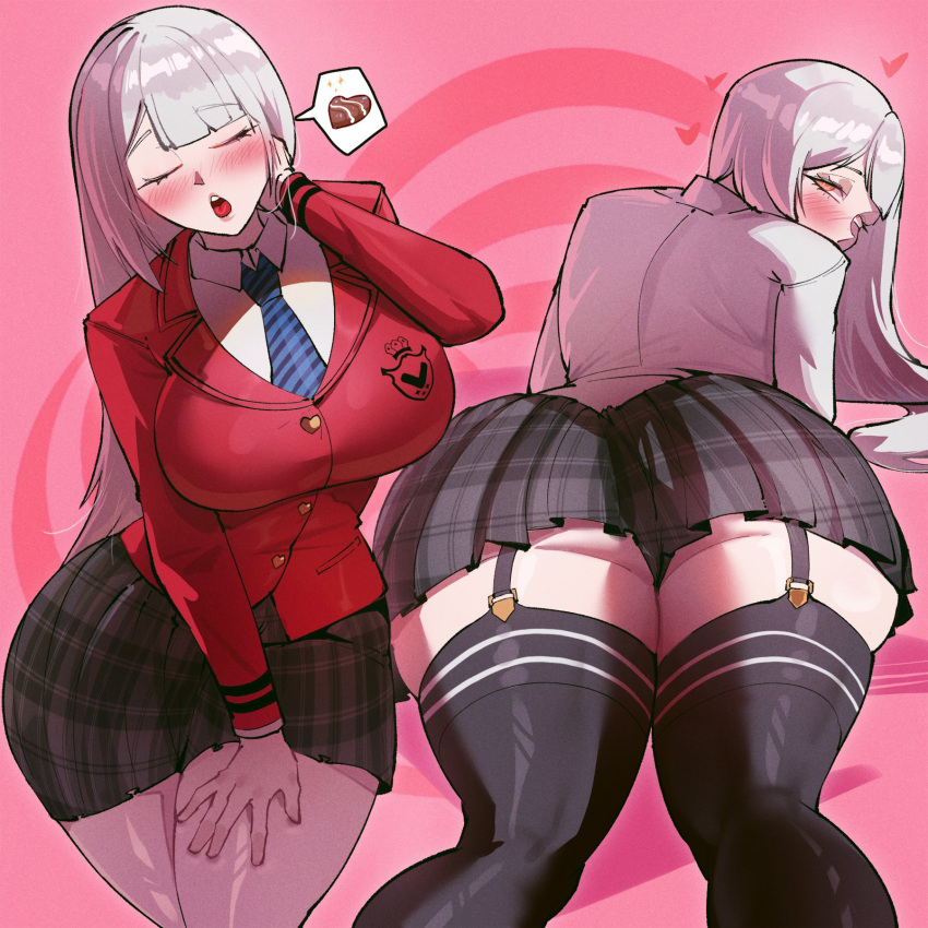 1girls ass big_ass blush breasts clothed eyes_closed female female_only fully_clothed garter_straps hips jamesloves_art leggings light-skinned_female light_skin looking_at_viewer looking_back looking_back_at_viewer lying_down lying_on_stomach mouth_open open_mouth outfit panties school_uniform short_skirt skirt solo suit_and_tie thick_thighs thighhighs valentine's_day virtual_youtuber vshojo vtuber white_hair zentreya zentreya_(cyborg)