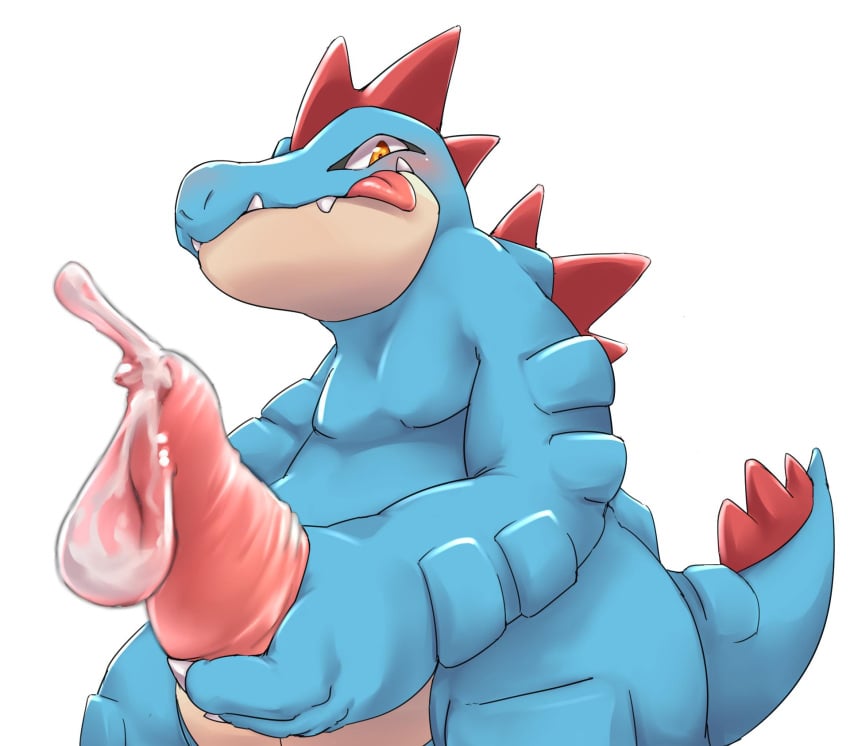 2019 anthro blue_eyes blush canid canine condom fangs feraligatr filled_condom fox generation_2_pokemon hi_res holding_own_penis licking licking_lips looking_at_viewer male male_only mammal masturbation nintendo nobby pokemon pokemon_(species) sexual_barrier_device simple_background solo teeth tongue tongue_out wearing_condom white_background