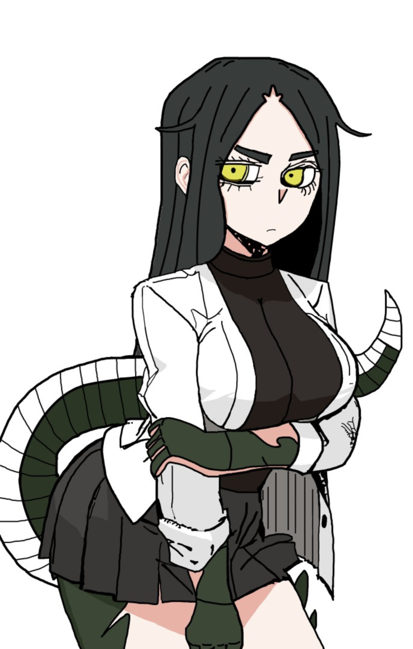 absurdres black_hair breasts female helltaker highres large_breasts lizard_tail long_hair looking_at_viewer monster_girl reptile_girl reptilia_queen scales scp-682 scp_foundation simple_background skirt solo tail white_background yellow_eyes