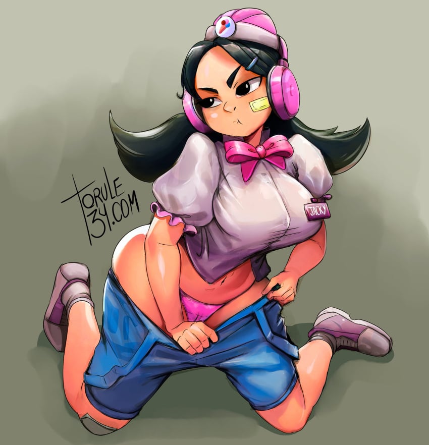 big_ass big_breasts black_hair bowtie brawl_stars headset headwear jacky_(brawl_stars) panties partially_clothed removing_clothing torule34