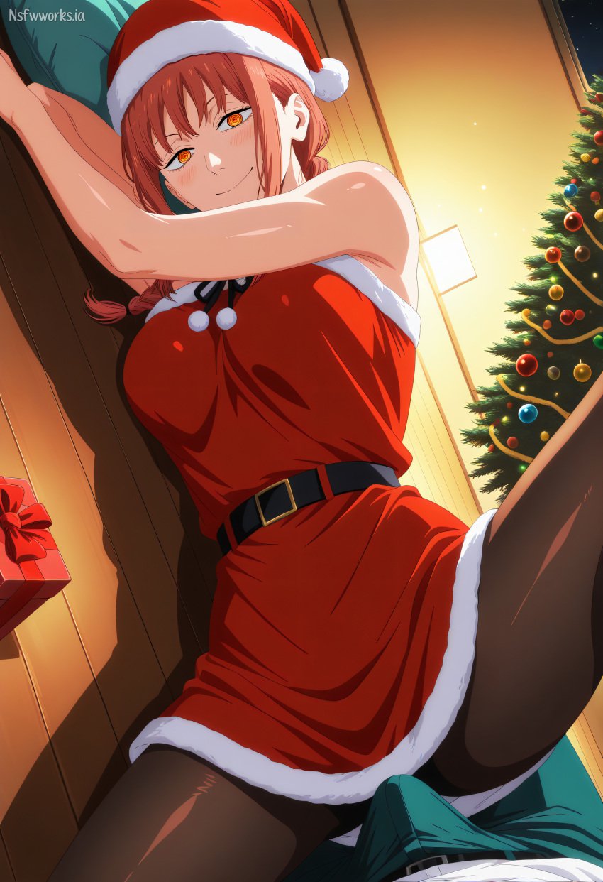 1boy1girl 1girls ai_generated anime anime_style barefoot breasts brush bulge chainsaw_man christmas christmas_hat christmas_outfit evil_smile female_focus gift gift_box makima_(chainsaw_man) nsfwworks.ia penis pose red_hair seductive seductive_smile sexy_pose sitting_on_person yellow_eyes