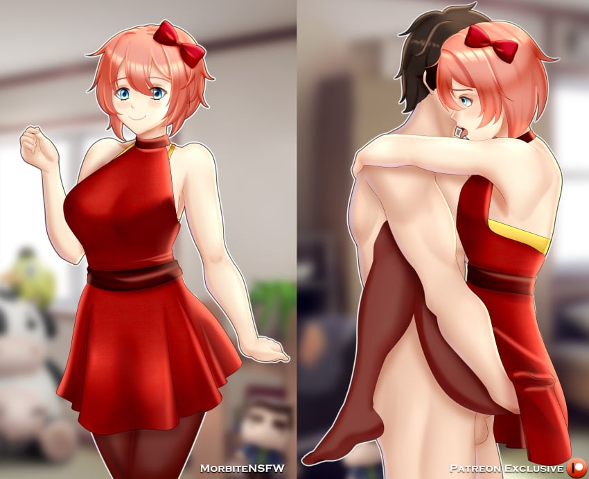 carrying carrying_partner doki_doki_literature_club dress lifted lifting_person mc_(doki_doki_literature_club!) morbite sayori_(doki_doki_literature_club)