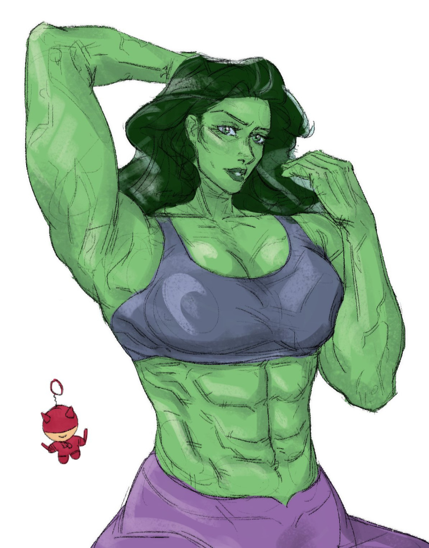 1girls 2d 2d_(artwork) abs big_breasts cleavage daredevil drawn female female_only green-skinned_female green_eyes green_hair green_skin hulk_(series) marvel marvel_comics muscles muscular muscular_abs muscular_female sand_circles she-hulk six_pack solo sports_bra white_background