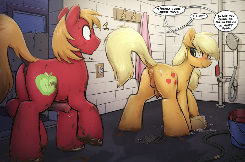 absurd_res animal_genitalia animal_penis anus applejack_(mlp) ass big_macintosh_(mlp) brother brother_(lore) brother_and_sister brother_and_sister_(lore) crotchboobs cutie_mark dialogue duo earth_pony english_text equid equine equine_genitalia equine_penis eyelashes female feral friendship_is_magic genitals green_eyes hasbro hi_res horse imminent_incest imminent_sex incest male mammal my_little_pony penis pony pussy selenophile sibling sibling_(lore) sister sister_(lore) smile speech_bubble text