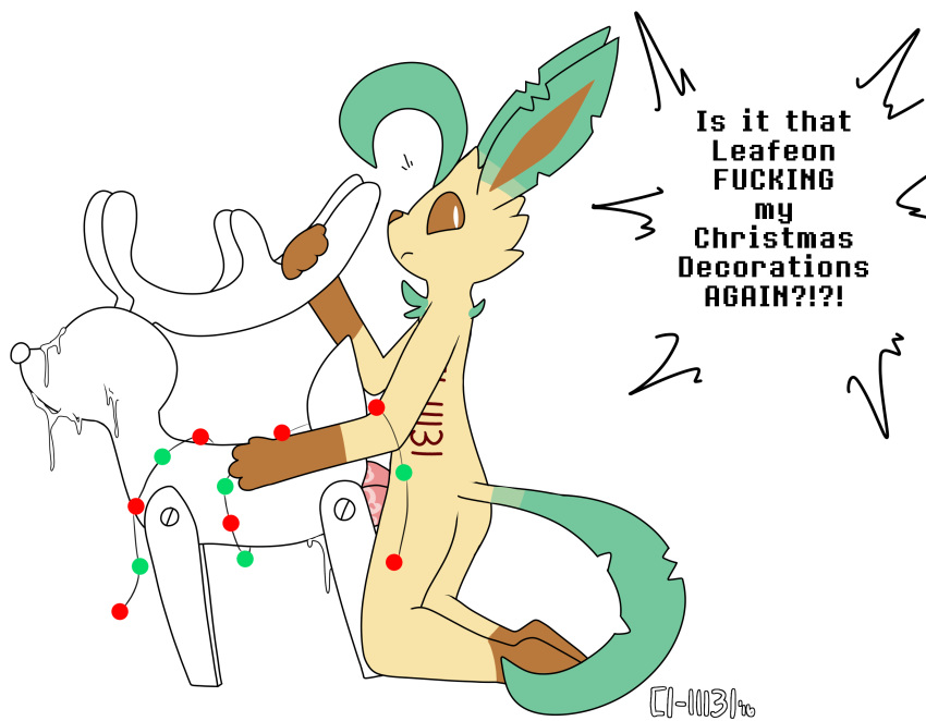 2016 animal_genitalia animal_penis anthro c1-11131 cervine chibi_leafeon christmas christmas_decorations cum cum_inside cum_on_face decoration diphallia diphallism eeveelution english_text erection fur hemipenes holidays leafeon looking_at_viewer male mammal multi_penis nintendo orgasm penetration penis pokemon reindeer sex text video_games