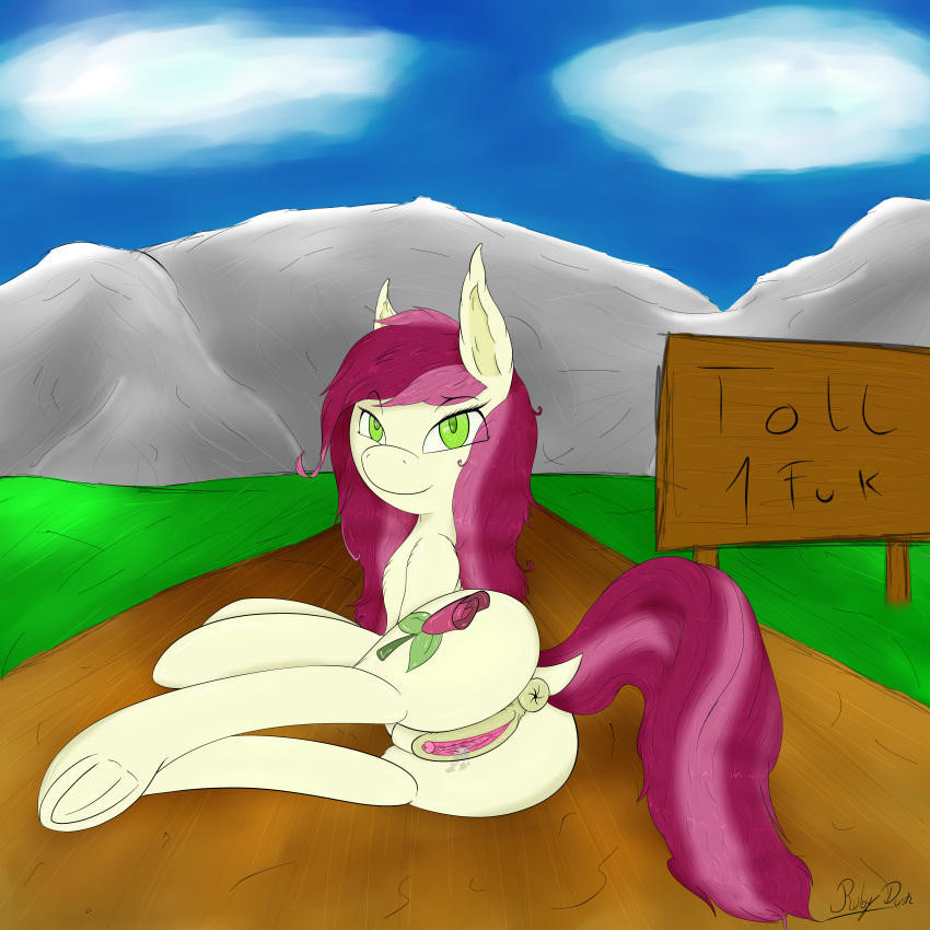 2016 absurd_res equine female hi_res horse looking_at_viewer mammal my_little_pony nude pony pussy rear_view roseluck_(mlp) rubydusk simple_background solo suggestive_look