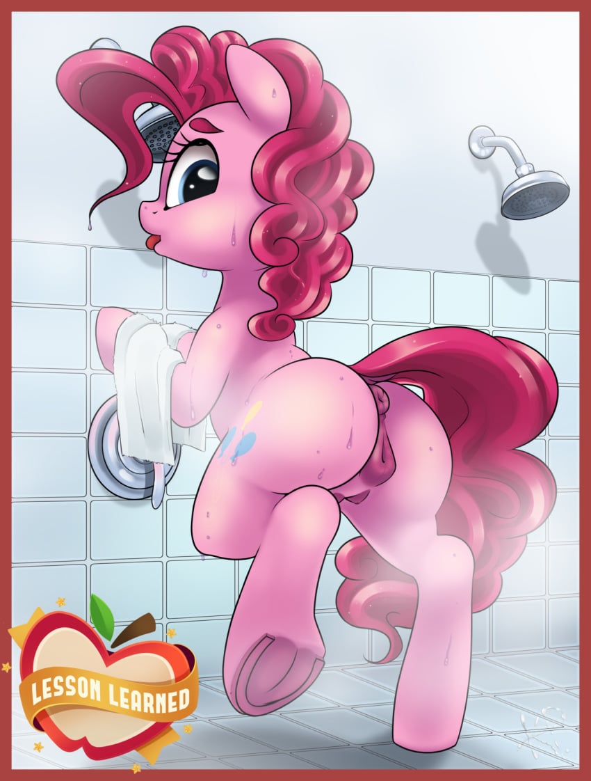 2016 anus ass blue_eyes crotchboobs cutie_mark earth_pony equine female feral friendship_is_magic fur hair horse inside kinkypinkie looking_at_viewer looking_back mammal my_little_pony pink_fur pink_hair pinkie_pie_(mlp) pony presenting pussy shower solo tongue tongue_out