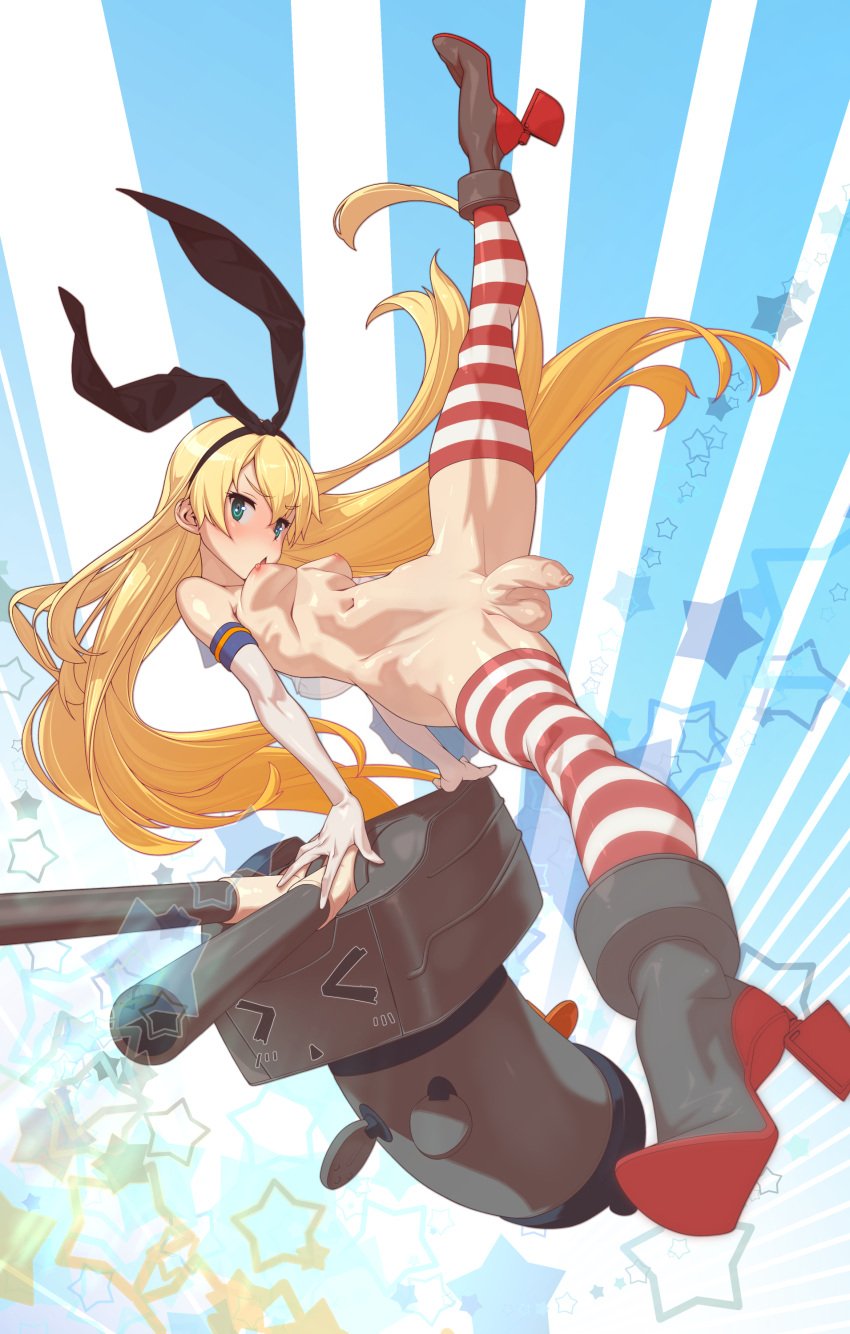 1futa action_pose areolae balls black_shoes blonde_hair blue_eye blue_eyes blue_skirt breasts cannon dick dickgirl dynamic_pose elbow_gloves flaccid flaccid_penis futa_only futanari glove gloves high_resolution highres human kantai_collection light-skinned_futanari light_skin long_hair nipples no_panties nude nude_futa nude_futanari penis ribbon sack shimakaze_(kantai_collection) solo splits stockings striped striped_legwear stripes tomoyuki_kotani uncensored weapon