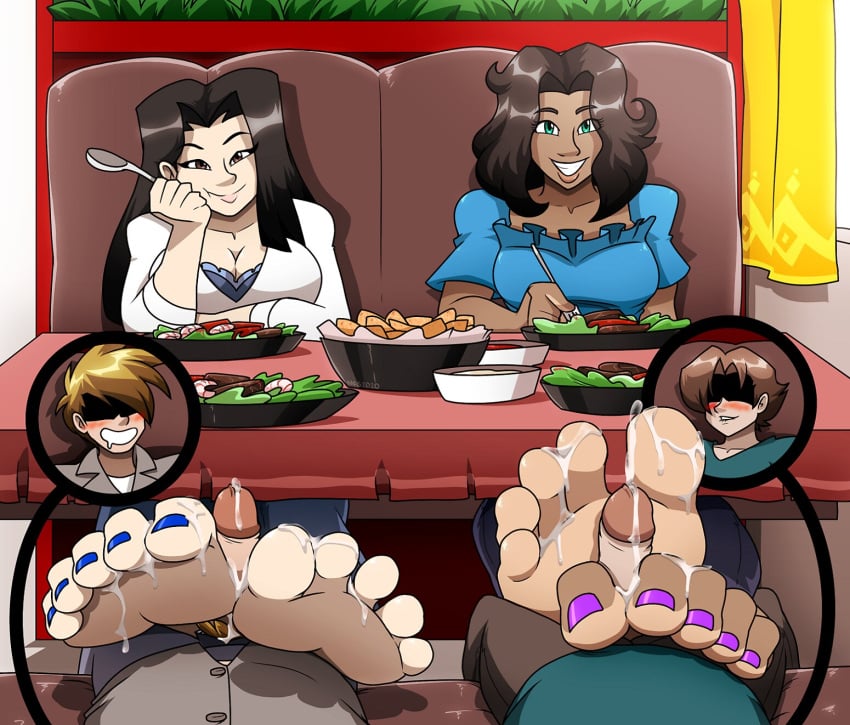 2boys 2girls barefoot big_feet black_hair blue_toenails brown_hair chocolate_and_vanilla clothed clothed_female clothing countershade_feet cum cum_on_feet dark-skinned_female double_date double_footjob feet female female_focus foot_fetish foot_focus footjob light-skinned_female light-skinned_male maria mostlyfunstuff nina painted_toenails purple_toenails soles toenail_polish toes two-footed_footjob under_the_table