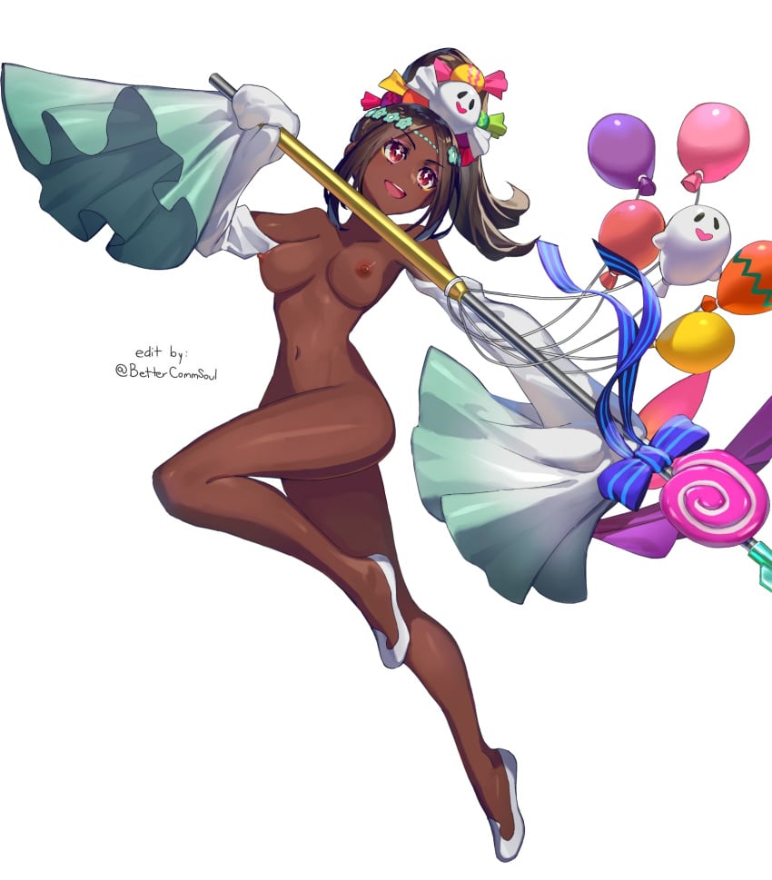 1girls :d alternate_costume armpits attack balloon bare_legs bare_shoulders bettercommsoul breasts brown_hair candy candy_hair_ornament collarbone dark-skinned_female dark_skin edit edited_official_artwork female female_only fire_emblem fire_emblem_engage fire_emblem_heroes full_body hair_ornament halloween halloween_costume jumping legs lollipop long_sleeves medium_breasts medium_hair naked_footwear nintendo nipples nude nude_female nude_filter official_alternate_costume open_mouth ponytail red_eyes shoulders smile solo spear star star-shaped_pupils star_(symbol) symbol-shaped_pupils timerra_(fire_emblem) very_dark_skin weapon white_background wide_sleeves