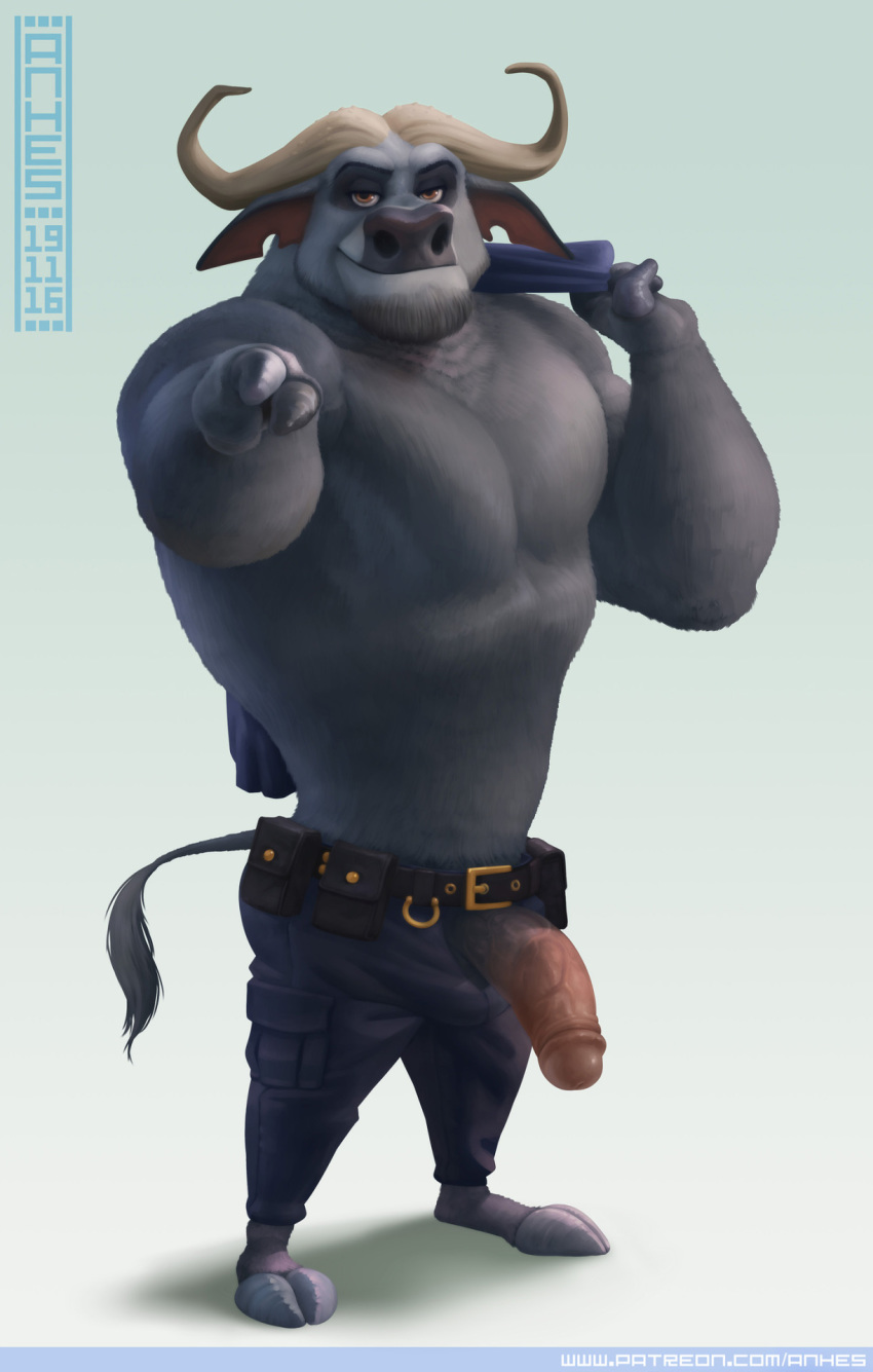 1boy anhes anthro balls bull chief_bogo clothing disney male male_only penis solo testicles topless zootopia