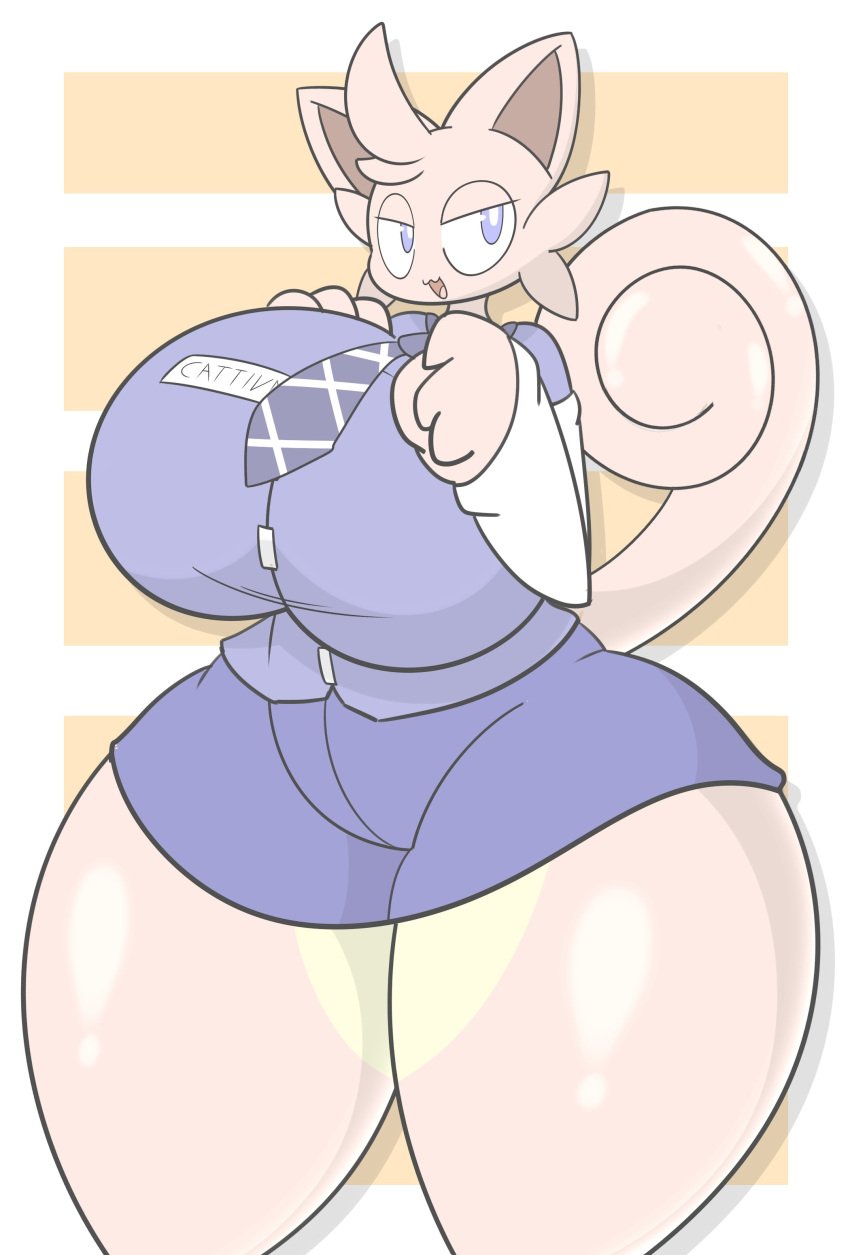 anthro ass big_ass big_breasts big_thighs blue_eyes breasts cattiva clothing female female_only fur furry gigantic_ass gigantic_breasts gigantic_thighs huge_ass huge_breasts huge_thighs pal_(species) palworld pocketpair skirt solo suit tagme thick_hips thick_thighs thighs zaclyn