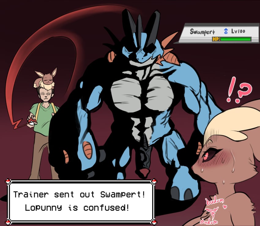 1boy 1girls big_breasts byme furry large_breasts lopunny muscular muscular_male pokemon pokemon_(species) swampert