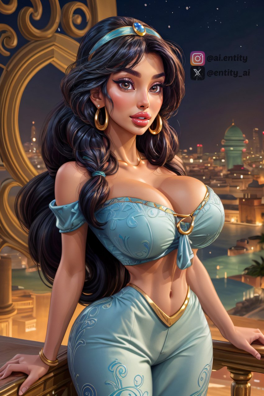 1girls ai_generated aladdin bare_midriff big_breasts big_lips black_hair brown_eyes busty dark_hair disney disney_princess earrings entity_ai female_only hoop_earrings hourlgass_figure huge_eyes lace_bra lingerie long_hair princess princess_jasmine royalty solo solo_female thick_lips tiara toned_stomach white_lingerie