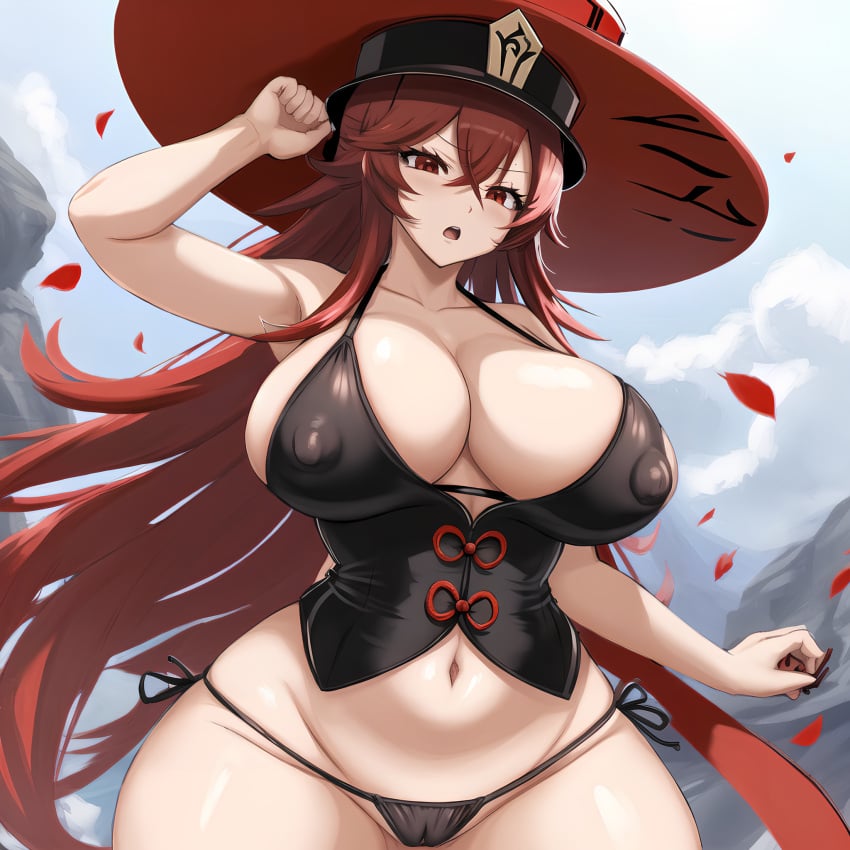 ai_generated angry belly_button big_breasts black_hat bluecatrip disgusted erect_nipples fit fit_female flower_petals genshin_impact hair_between_eyes hand_behind_head hat hoyoverse hu_tao_(genshin_impact) huge_breasts jadf_(style) long_hair mihoyo petals red_hair ribbon stable_diffusion swimsuit symbol_on_hat thick_thighs thong wide_hips