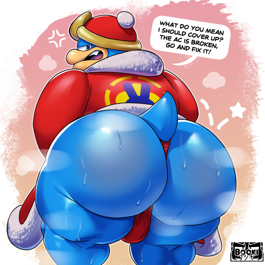 anthro ass avian backsack balls big_ass big_ass_(male) big_butt bird bodily_fluids bubble_ass bubble_butt butt chubby_cheeks clothing el_booki fat_ass fat_butt genitals hi_res huge_ass huge_butt king_dedede kirby_(series) looking_at_viewer looking_back male massive_ass massive_butt musk musk_clouds musky_butt nintendo overweight overweight_male penguin plump_ass plump_butt presenting presenting_hindquarters robe solo speech_bubble sweat sweatdrop sweaty_ass text thong underwear