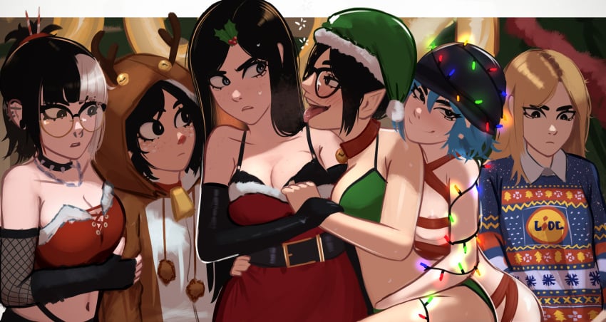 6girls bell_collar black_hair blonde_hair blue_hair christmas_outfit cleavage erka_(veyonis) fishnet_armwear freckles fur_trim_(clothing) glasses goth jessie_(veyonis) kadence_(veyonis) lidl mika_(veyonis) multicolored_hair multiple_girls original_characters piercings pointy_ears reindeer_costume rosen_(veyonis) short short_hair spiked_collar string_lights tomboy veyonis white_hair yuna_(veyonis) yuri