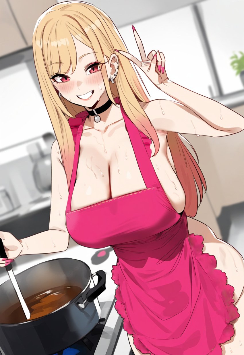 1girls 2d ai_generated blonde_hair cooking female female_only gyaru human kitagawa_marin light-skinned_female light_skin mommy naked_apron pale-skinned_female pale_skin red_eyes self_upload solo sono_bisque_doll_wa_koi_wo_suru sweat viriai