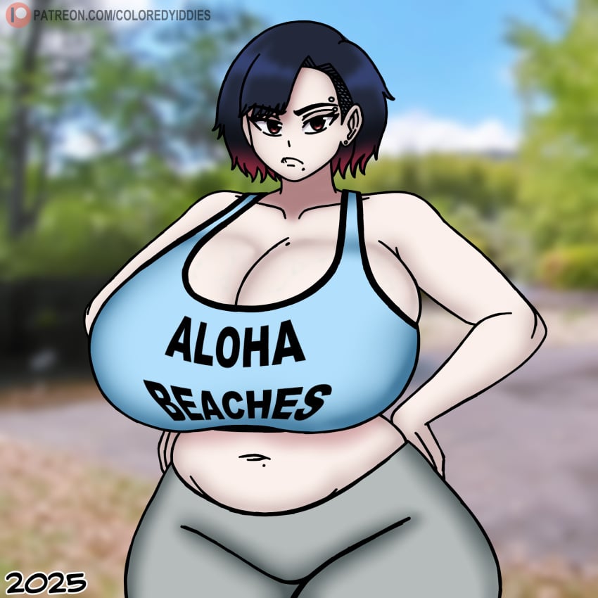 annoyed black_hair chubby coloredyiddies lei_(coloredyiddies) massive_breasts original_character red_eyes sports_bra yoga_pants