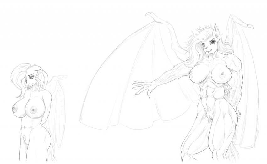 abs biceps big_breasts breasts equine fangs female flutterbat_(mlp) fluttershy_(mlp) friendship_is_magic hellbridge mammal monochrome muscular muscular_female my_little_pony navel nude pegasus pubes pussy simple_background sketch smile solo straight_hair vampire white_background wings