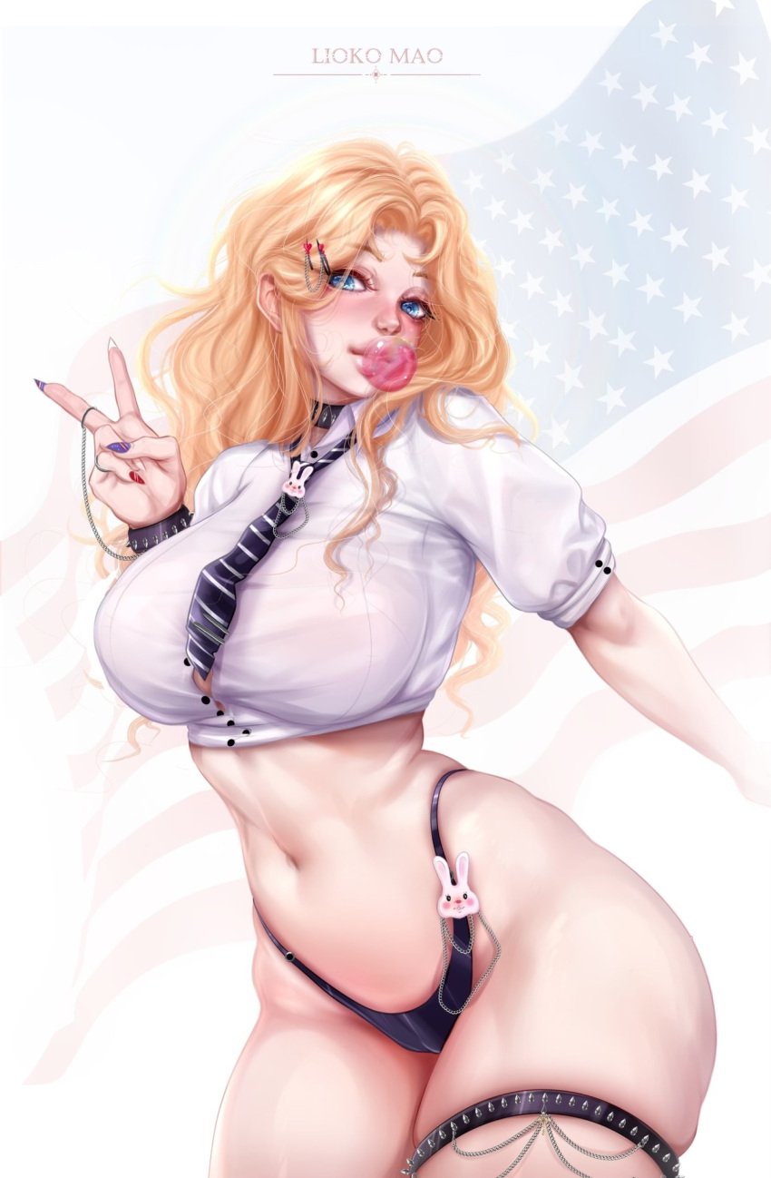 1girls american_flag artist_name blonde_hair blue_eyes blush bubble_gum female female_only hi_res legband liokko_mao long_hair looking_at_viewer necktie no_skirt shirt sleeves_rolled_up solo thick_thighs thong v_sign