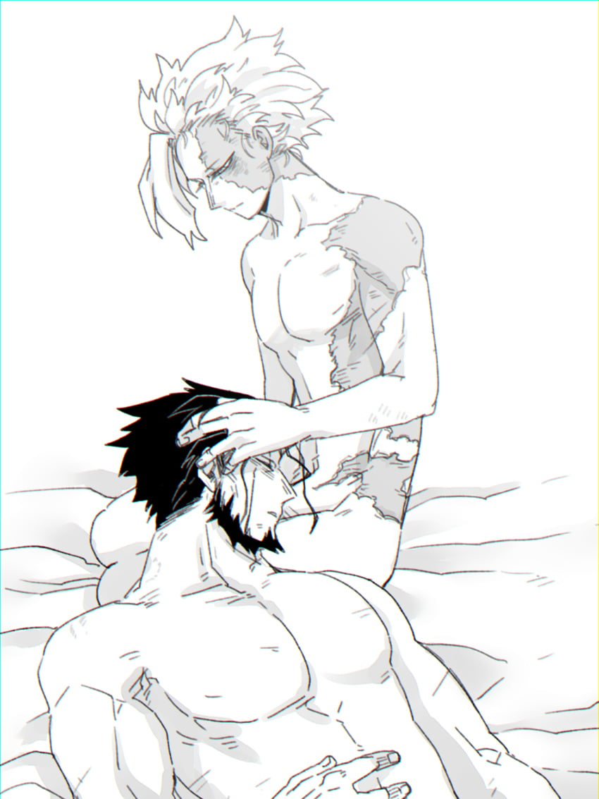 2boys beard belaf burn_scar completely_nude facial_hair facial_scar gay hand_on_another's_head intimate lying_on_person made_in_abyss male male_only monochrome nude on_back on_lap scar scars sitting sleeping twink unoirhero wazukyan yaoi