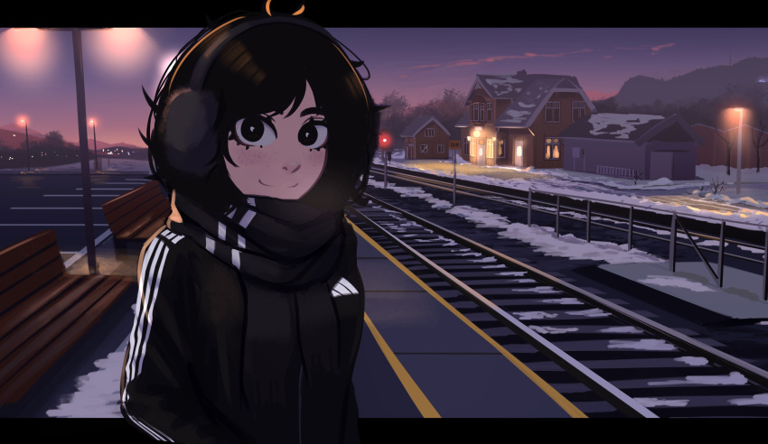 1girls 2023 absurd_res adidas black_eyes black_hair clothed clothed_female clothing detailed_background earmuffs female freckles freckles_on_face front_view fully_clothed hair happy hi_res human light-skinned_female light_skin looking_at_viewer medium_hair original original_character outdoors railroad_tracks smile smiling smiling_at_viewer snow solo standing sunset train_station veyonis winter yuna_(veyonis)