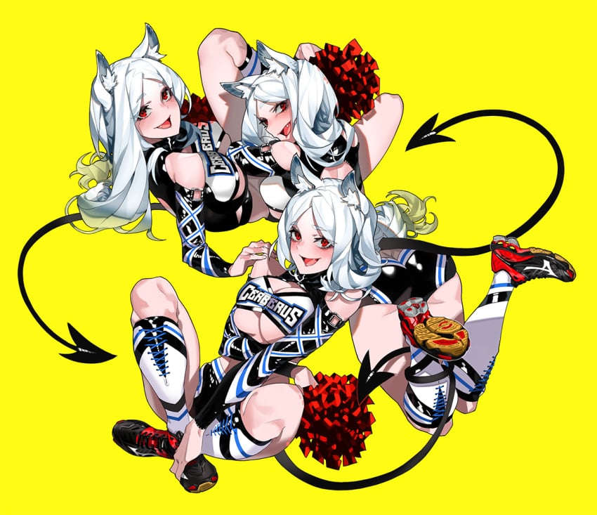 3girls cerberus_(helltaker) demon dog_ears female female_only gaak helltaker red_eyes tagme white_hair