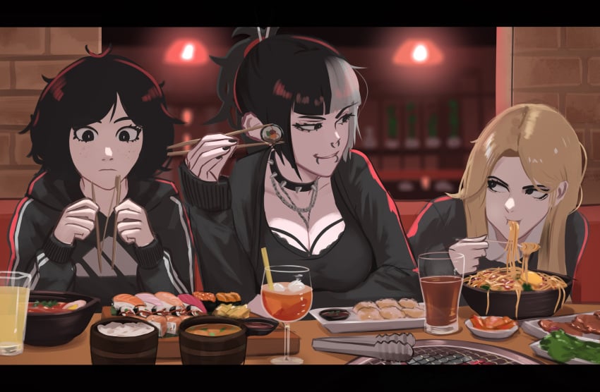 3girls blonde_hair chopsticks eating freckles front_view goth jessie_(veyonis) mika_(veyonis) multicolored_hair original_characters piercings ramen sashimi short_hair tomboy veyonis yuna_(veyonis)