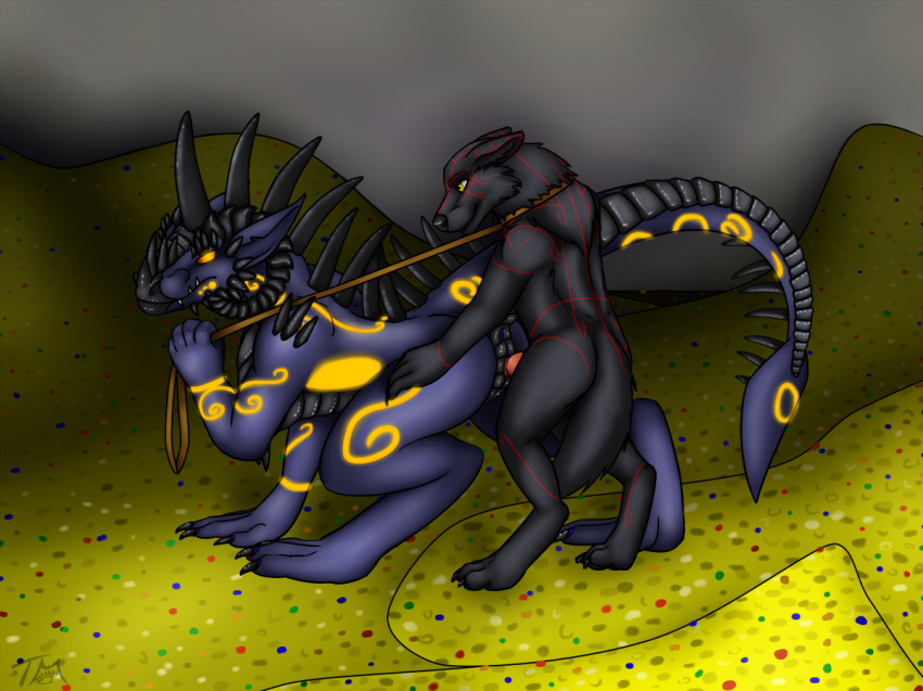 anthro anthro_on_feral bakari canine domination dragon duo erection female femdom feral from_behind_position male mammal nude penetration pussy sex standing straight vaginal_penetration zoophilia