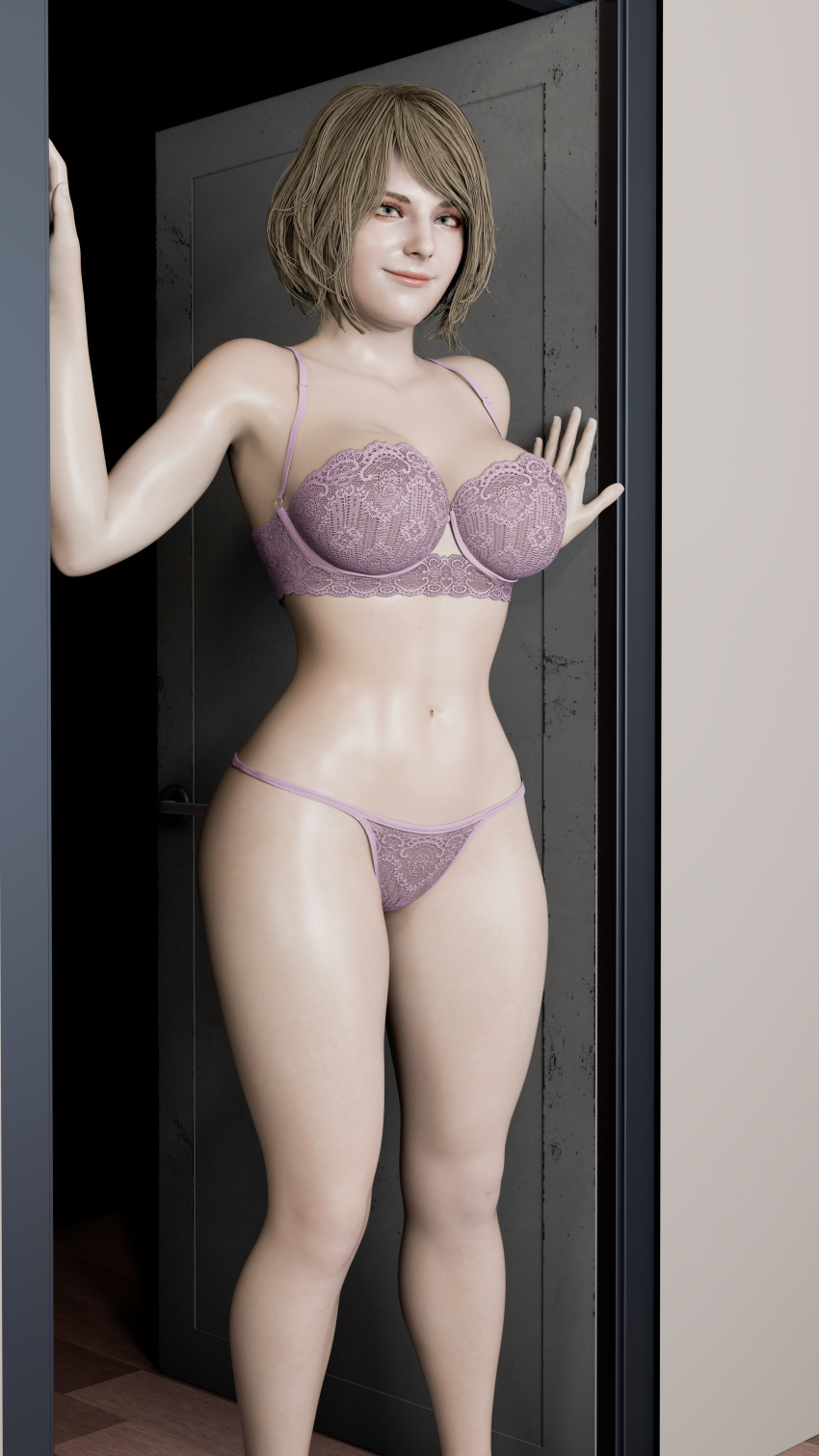 3d ashley_graham ashley_graham_(ella_freya) bra doorway female gamingarzia high_resolution panties resident_evil resident_evil_4 resident_evil_4_remake solo standing underwear