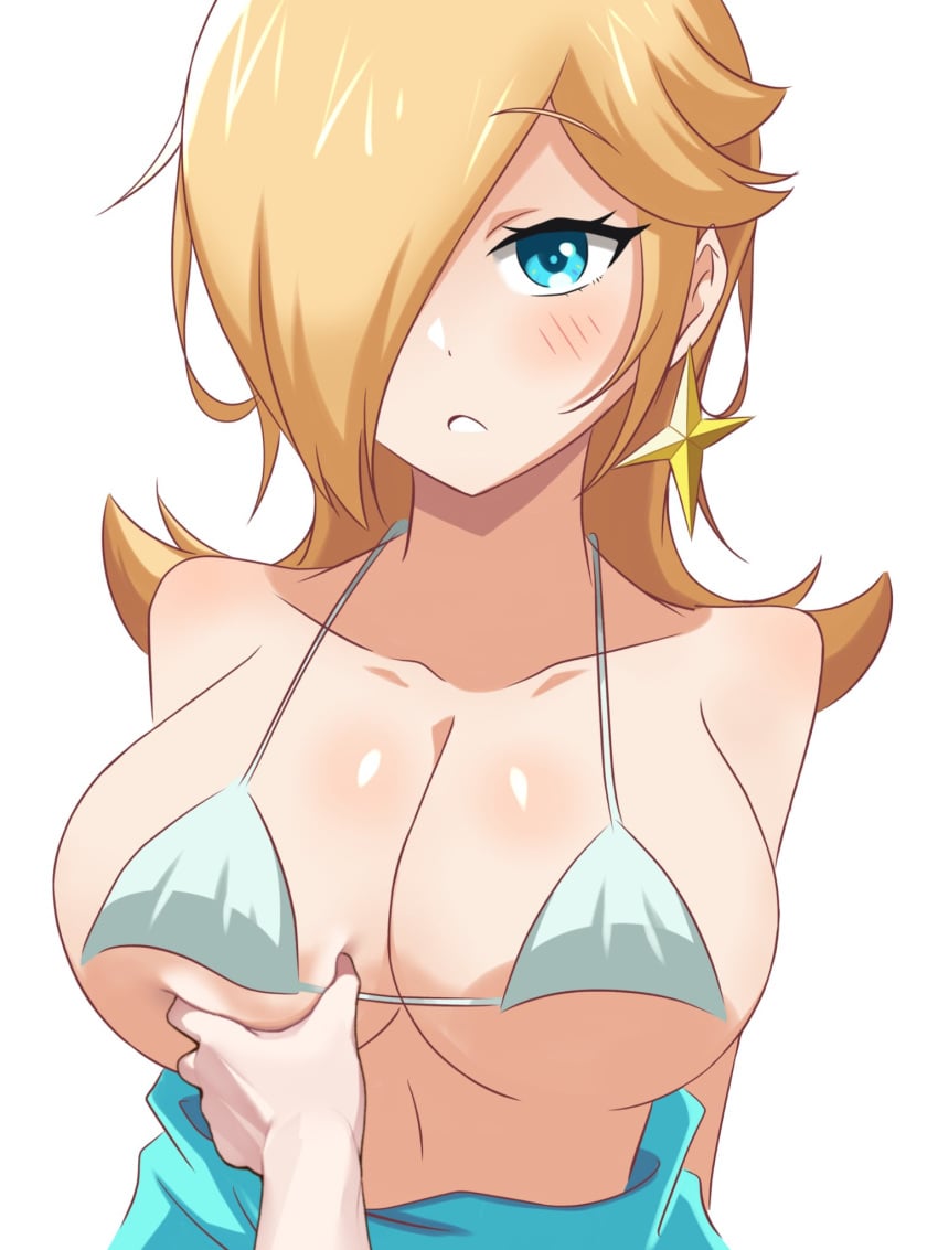 arms_behind_back bare_shoulders blonde_hair blue_eyes blush breast_grab collarbone deep_skin earrings female hair_over_one_eye large_breasts long_hair looking_at_viewer mario_(series) micro_bikini midriff nintendo parted_lips princess_rosalina simple_background spaghetti_strap upper_body white_background white_bikini yassrosalina