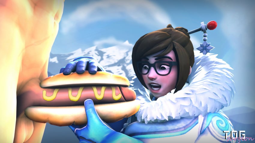 1boy 1girls 3d big_penis bread chubby duo erection eyewear female food food_penetration glasses hot_dog male mei_(overwatch) mustard overwatch penis_hot_dog straight testicles thedickgrillsurgeon