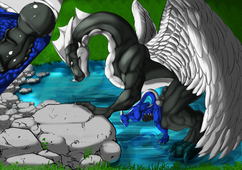 anal anal_sex anthro_dragon dfem dragon feral_dragon internal knot male penetration pond rega rock silver_shadowheart size_difference size_play winged_dragon yaoi