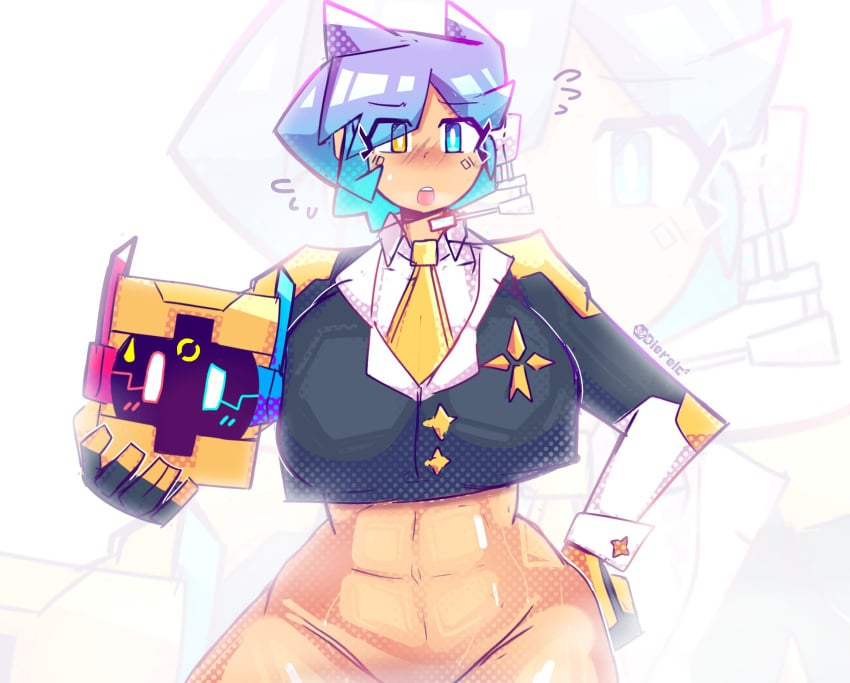 1girls 2020s 2023 2d 2d_(artwork) 5_fingers abs big_breasts big_thighs blue_hair blush bottomless breasts child_bearing_hips clarice_(paralleldier) crop_top crop_top_sweater dierelc female female_focus female_only gloves hi_res highres hips large_breasts large_thighs light-skinned_female light_skin looking_at_viewer microphone multicolored_hair no_pants paralleldier robot robot_girl solo solo_female solo_focus thick_thighs thighs tie wide_hips