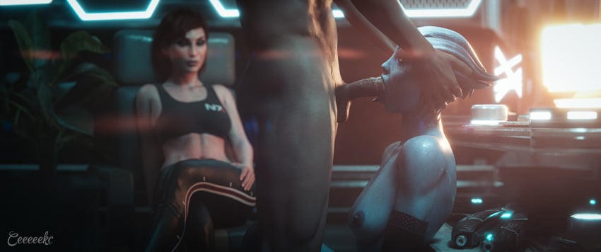 1boy 2girls 3d alien alien_girl asari athletic_female blowjob blue-skinned_female blue_skin ceeeeekc commander_shepard fellatio female femshep freckles_on_face head_grab human human_penetrating humanoid implied_deepthroat interspecies kneeling liara_t'soni licking_penis light-skinned_female light-skinned_male light_skin male mass_effect oral oral_sex partial_male penis red_hair straight sucking_penis throat_fuck tongue_out