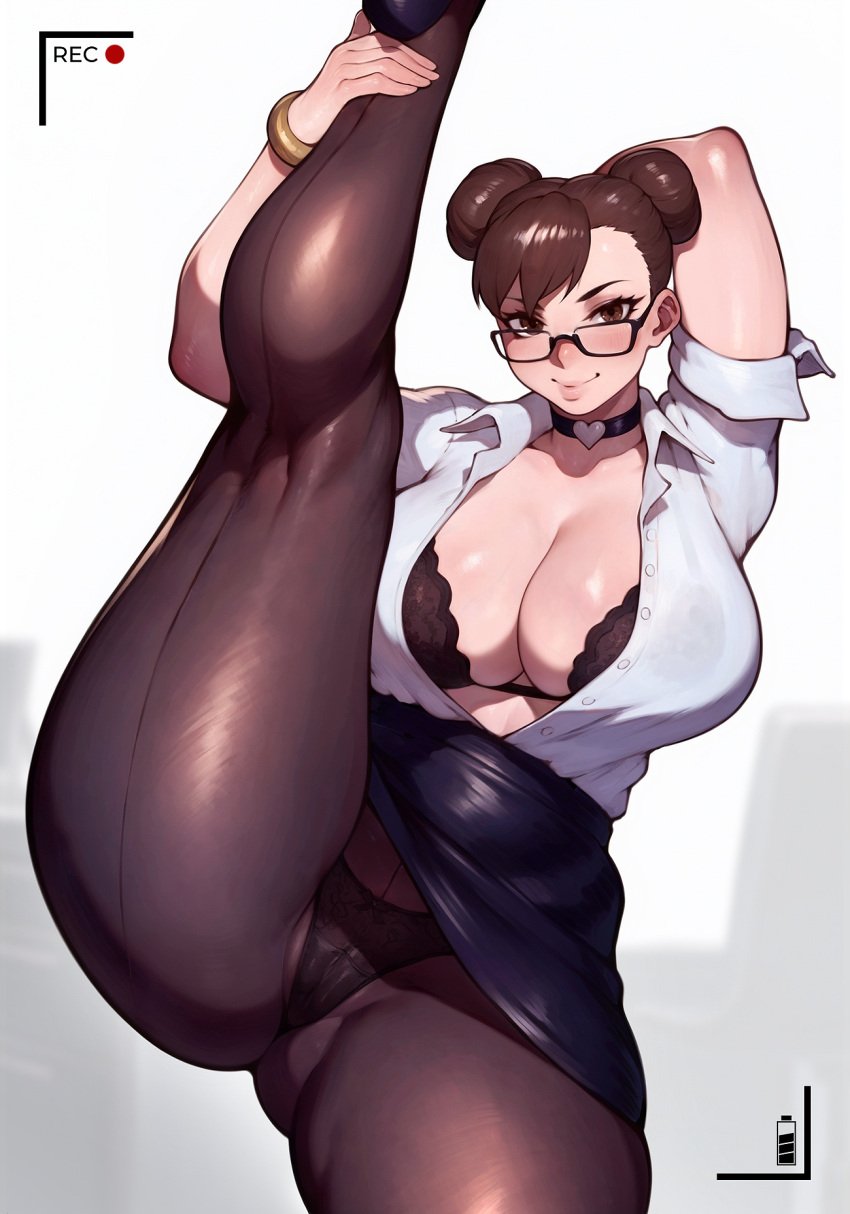 1girls ai_generated alternate_costume asymmetrical_bangs black_skirt blurry_background bra breasts button_down_shirt choker chun-li cleavage double_bun female female_only flashing flashing_panties glasses hand_behind_head heart_choker huge_breasts human leg_up lingerie looking_at_viewer neolurker office_lady panties pantyhose pencil_skirt see-through see-through_clothing shiny_skin showing_off simple_background solo standing_split street_fighter thick_thighs viewfinder white_shirt wide_hips