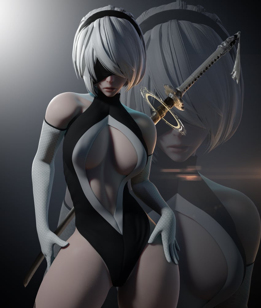 android arm_gloves athletic_female blindfolded breadblack clothed fit_female hair_band hands_on_hips nier:_automata reflection sword sword_on_back thick_thighs white_hair yorha_2b