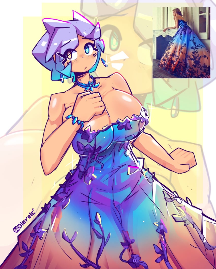 1girls 2020s 2023 2d 2d_(artwork) 5_fingers big_breasts blue_eyes blue_hair breasts choker clarice_(paralleldier) cleavage dierelc dress earrings female female_focus female_only heterochromia hi_res highres hips hourglass_figure large_breasts light-skinned_female light_skin multicolored_hair original original_character paralleldier reference_image robot_girl slim_waist solo solo_female solo_focus wide_hips yellow_eyes