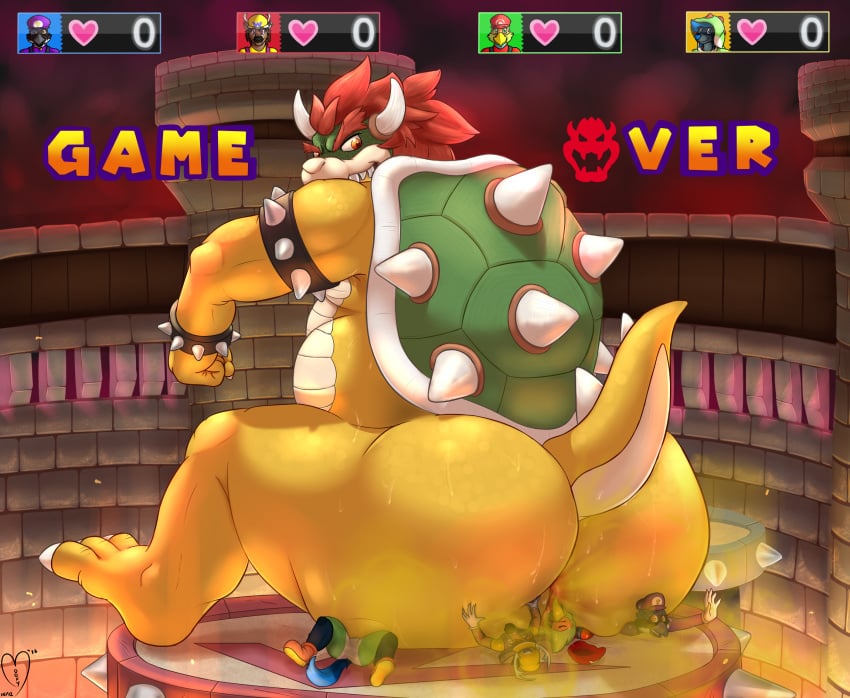 anthro anus ass avian biceps big_anus bowser butt_crush canine cervine crush english_text fart fart_fetish furry horn hyper interspecies koopa looking_back male mammal mario_(series) mario_party mario_party_10 moofus musk nintendo nude overweight scalie shell sitting size_difference sparkx spikes squashing sweat text wolf yaoi