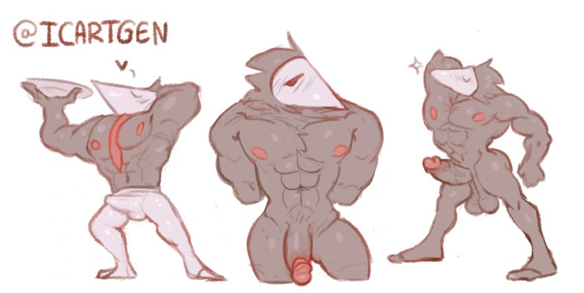 anthro bulge clothed clothing deltarune erection erection_under_clothing genitals group hi_res hiding_erection hiding_face ledange male male_only mask muscular muscular_anthro muscular_male nipples nude penis pose shirtless shirtless_male shy swatchling tuft undertale_(series) vein veiny_penis