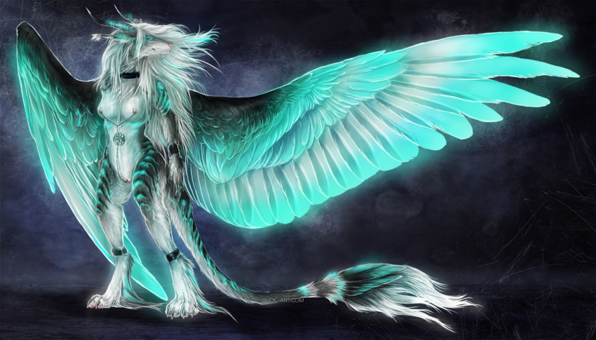 4_toes anthro bioluminescence blue_eyes blue_feathers breasts detailed digitigrade dragon feathered_dragon feathered_wings feathers female fur furred_dragon glowing grey_fathers hair isvoc non-mammal_breasts nude pussy solo standing toes white_feathers white_hair wide_hips wings