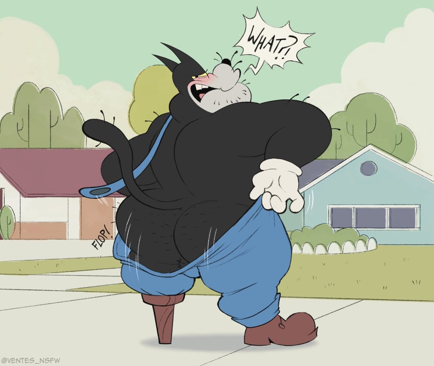 absurd_res anthro ass backsack balls body_hair butt_hair clothing disney domestic_cat embarrassed felid feline felis footwear footwear_only furry genitals gloves gloves_only hairy_balls handwear handwear_only hi_res looking_at_viewer looking_back male mammal mickey_mouse_shorts mostly_nude mostly_nude_male musclegut muscular overalls overalls_down overalls_only pegleg perineum pete_(disney) presenting presenting_hindquarters shoes shoes_only solo ventesthefloof